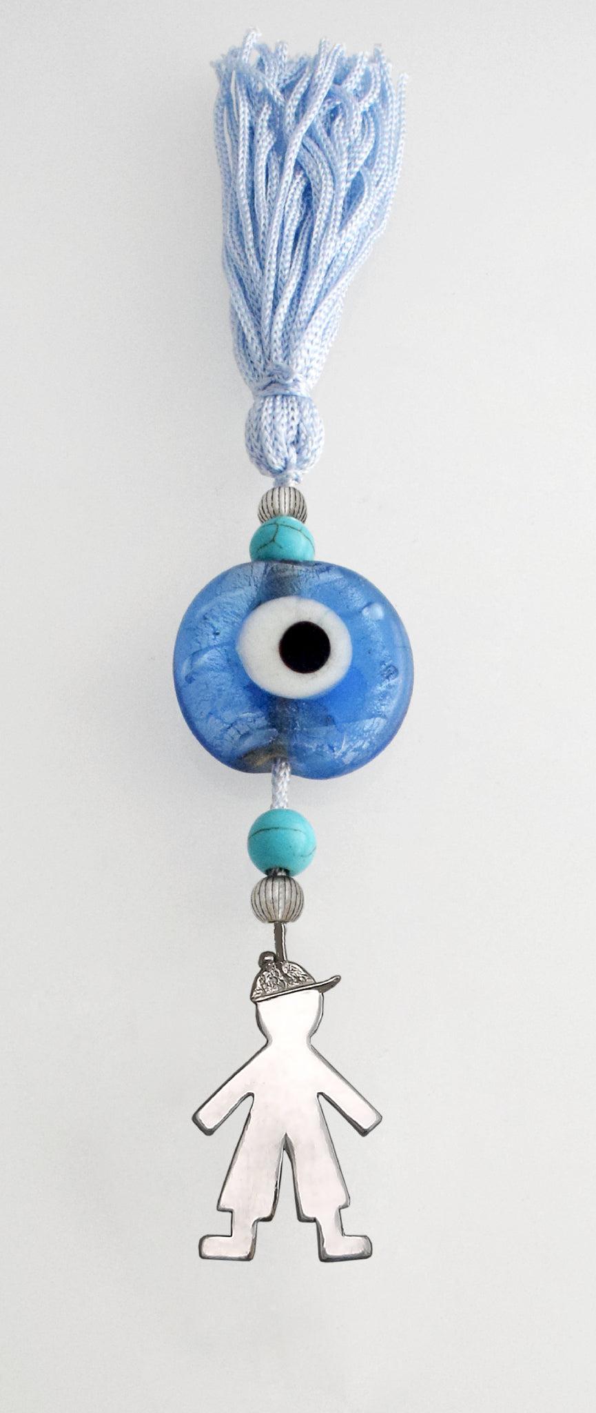 Evil Eye Charm on a tassel, House decoration, holiday decor, welcome gift, silver charm, Baby boy Charm