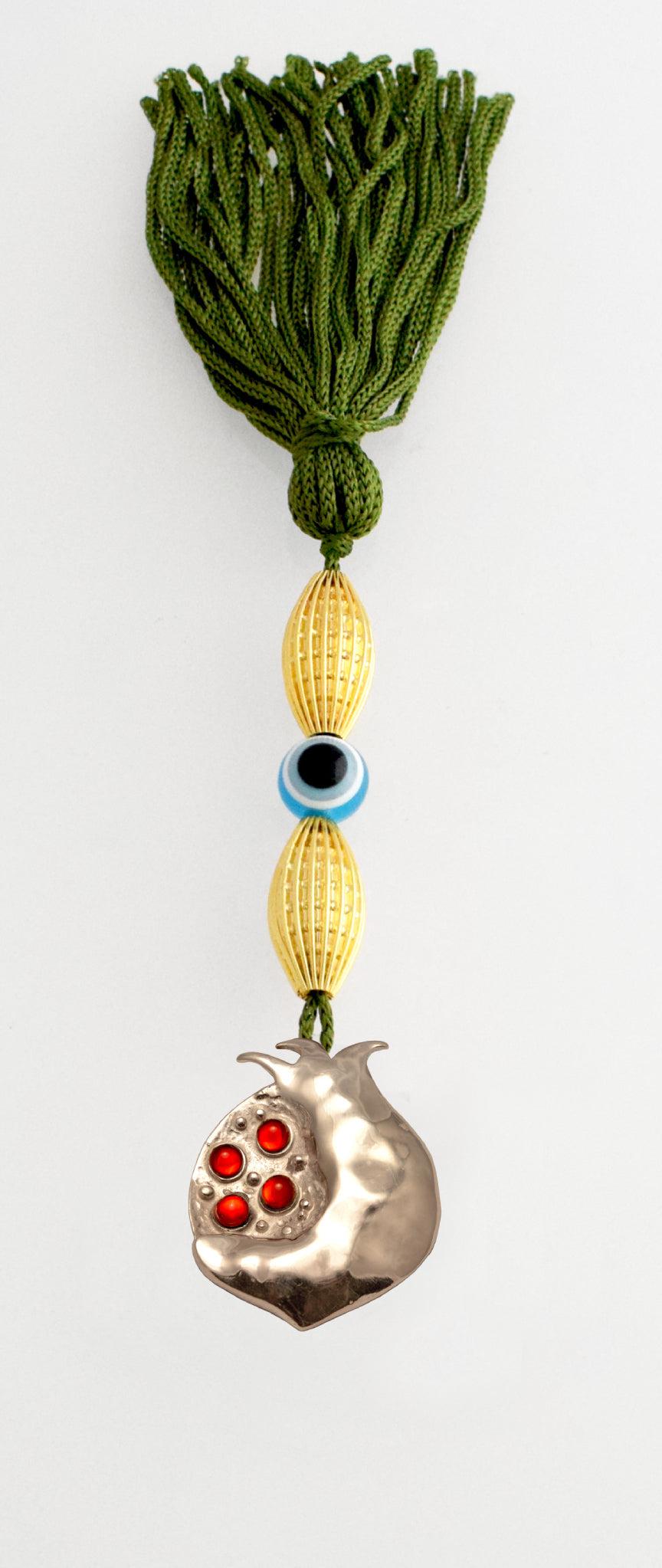 Evil Eye Charm on a tassel, House decoration, holiday decor, welcome gift, silver charm, Pomegranate Charm