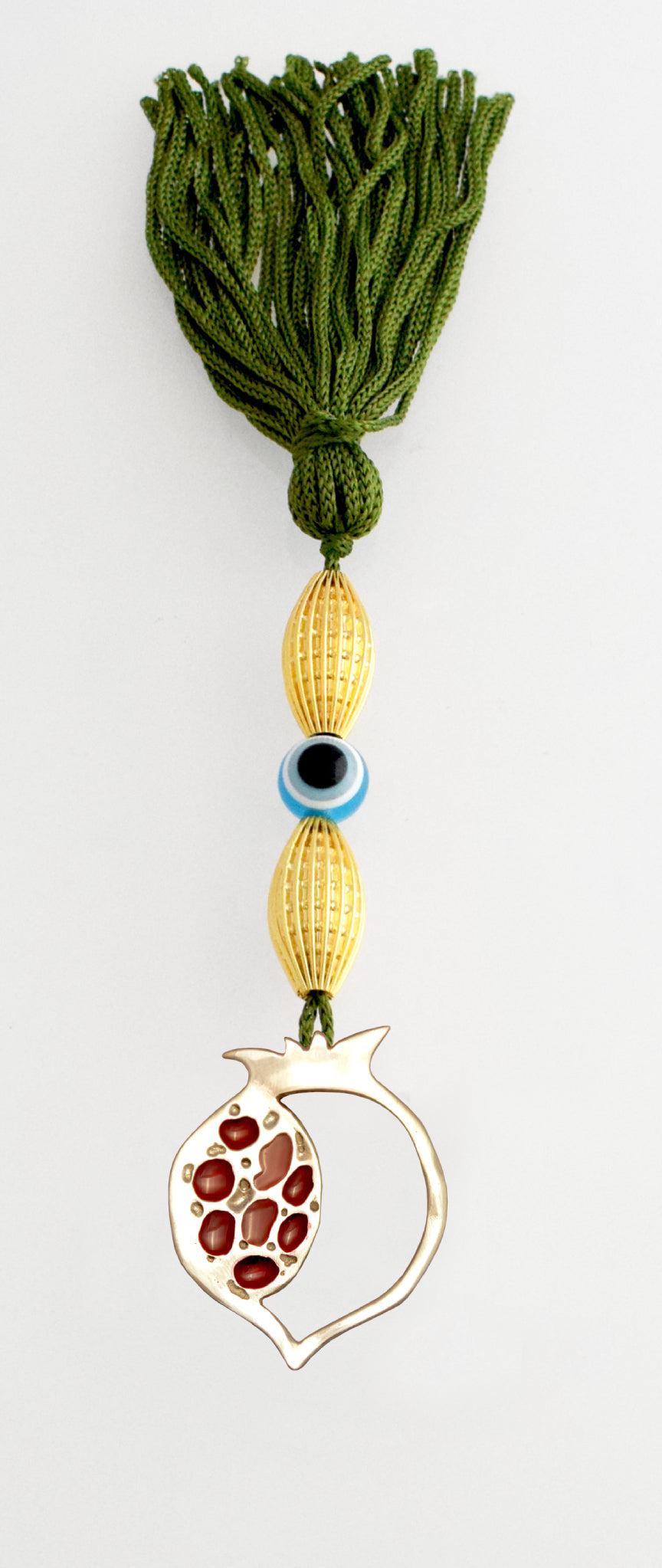 Evil Eye Charm on a tassel, House decoration, holiday decor, welcome gift, silver charm, Pomegranate Charm