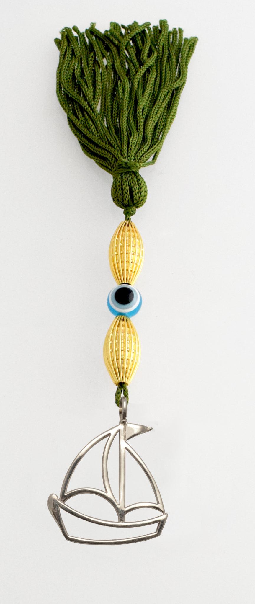 Evil Eye Charm on a tassel, House decoration, holiday decor, welcome gift, silver charm, Sailboat Charm