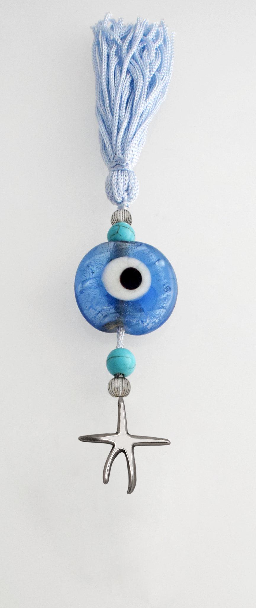 Evil Eye Charm on a tassel, House decoration, holiday decor, welcome gift, silver charm, Star Charm
