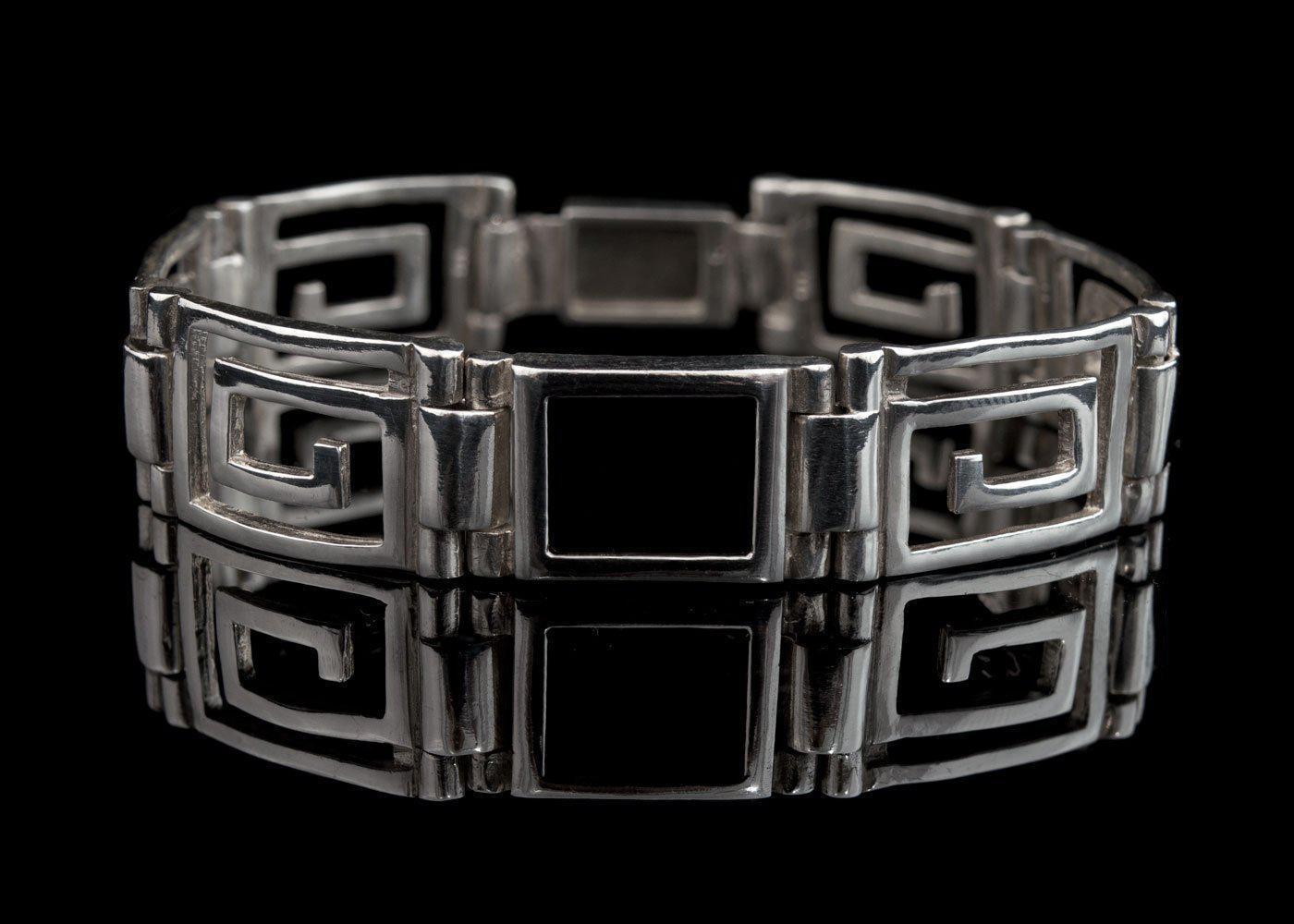 Greek Key Meander Bracelet in Sterling Silver with onyx (B-94)