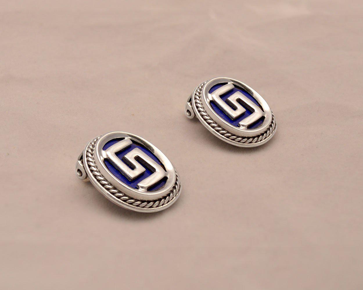 Greek Key Meander Earrings in sterling Silver with Lapis Lazuli