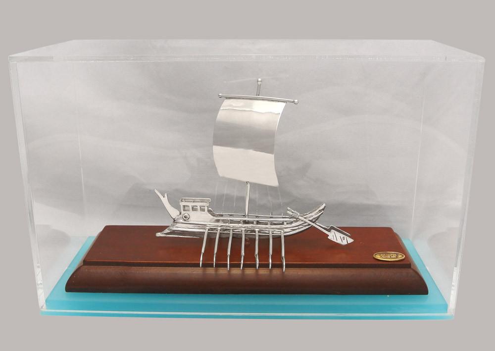 Greek Traditional Sterling silver sailboat on wooden base in plexiglass (A-42-33)