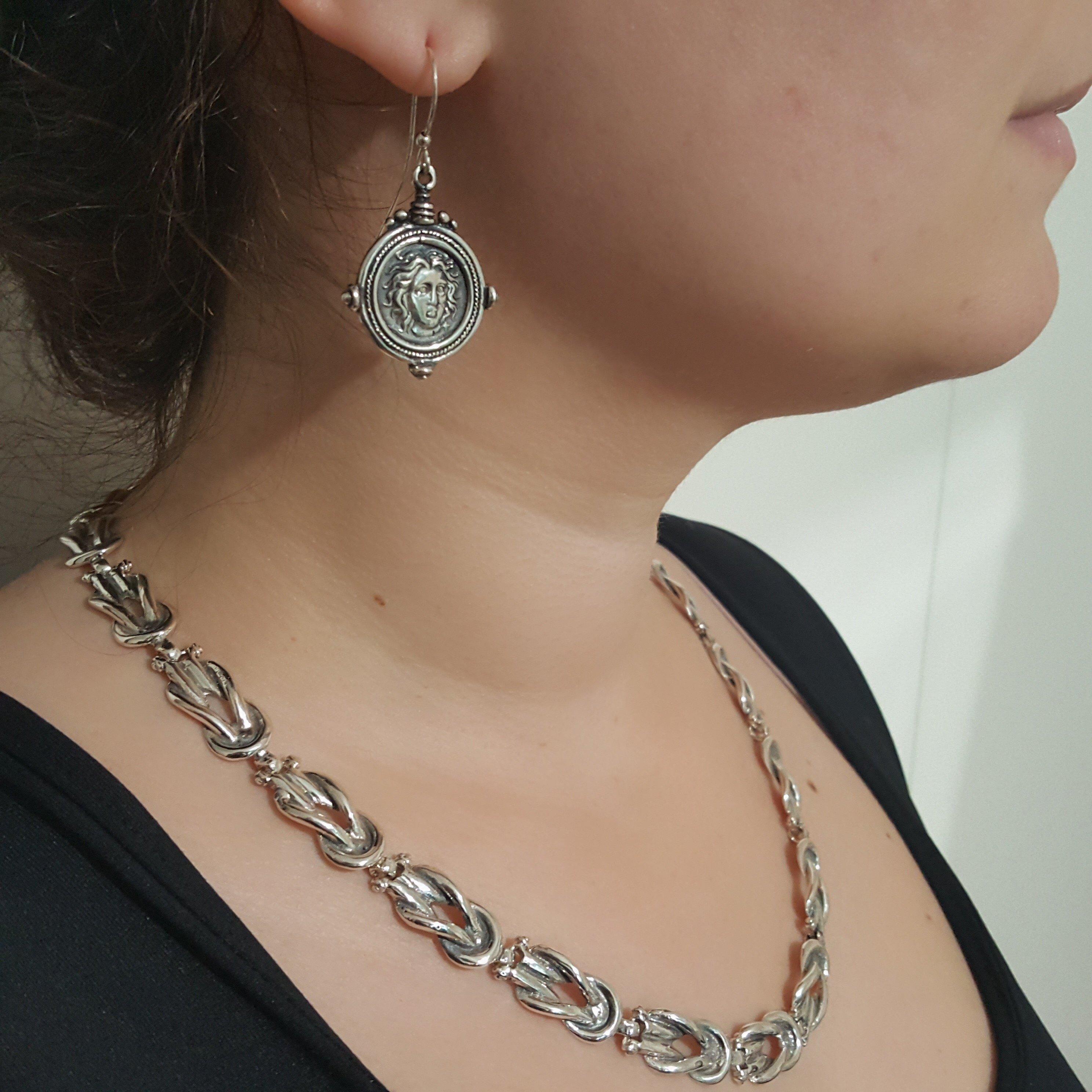 Helios ancient sun god and rose earrings, Ancient Coinage of Rhodes, Sterling silver earrings, handmade earrings (AG-07)