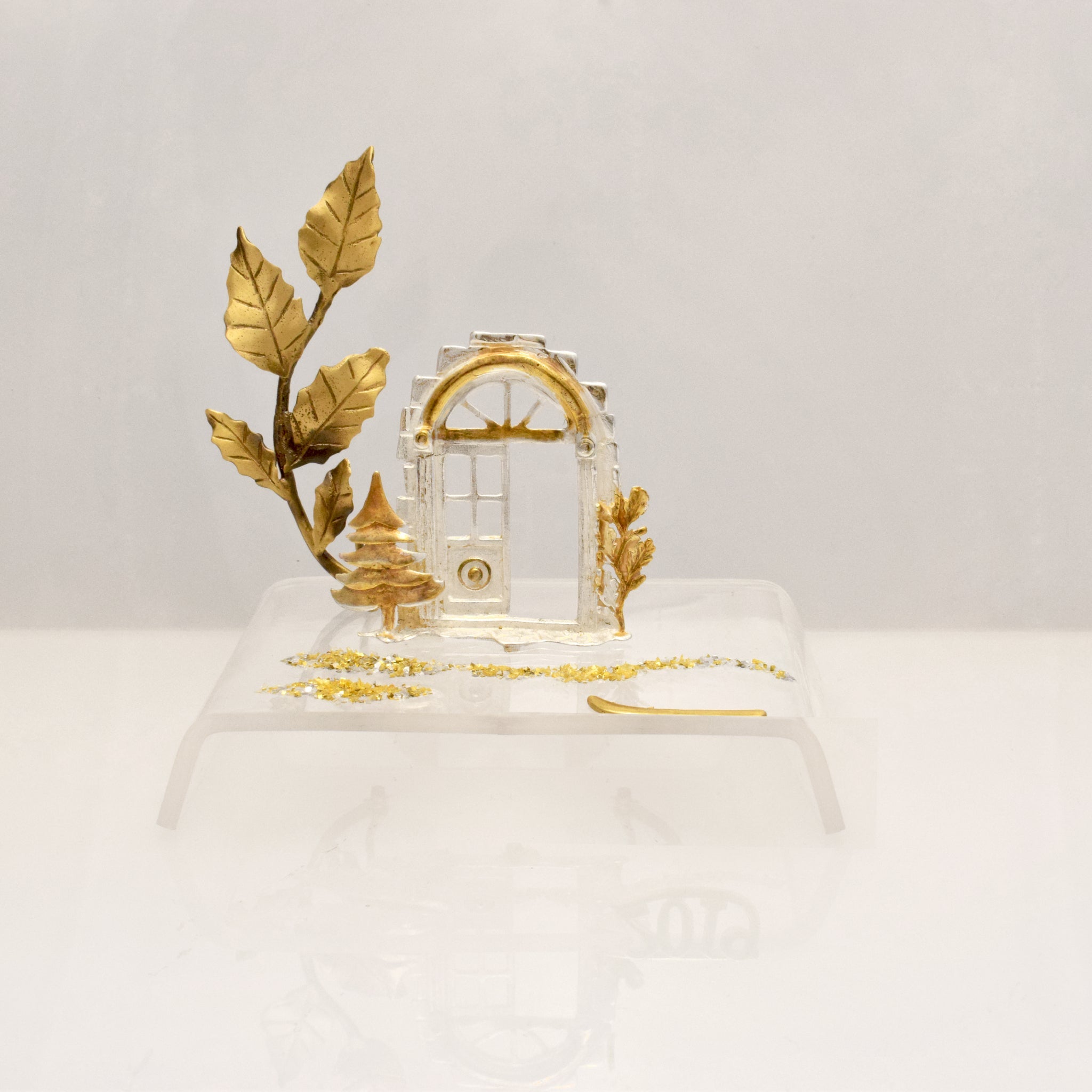 Christmas Decoration, Miniature Home Charm on plexiglass, silver charm with bronze leaves, home decor, gift idea, charm favor (PX-03)