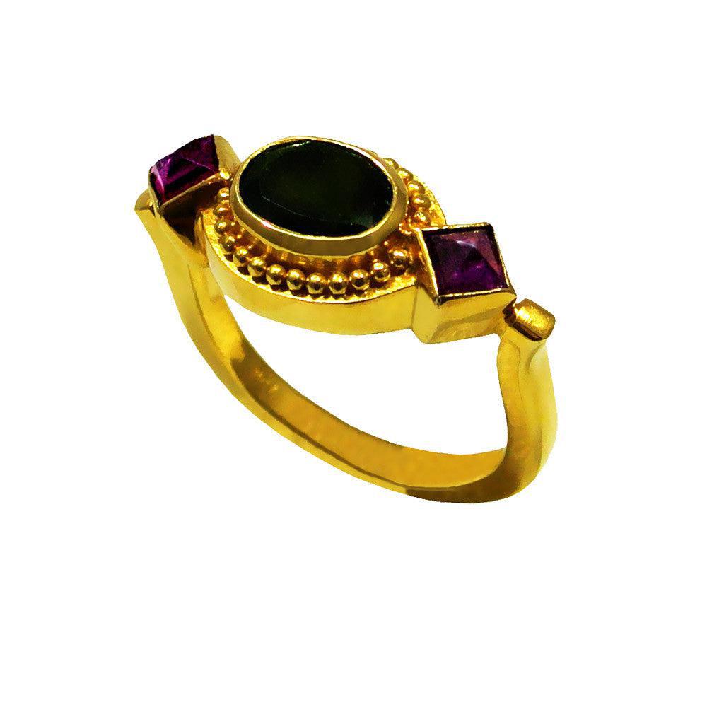 Ring in 18k Gold with green and red tourmalines (B-41)