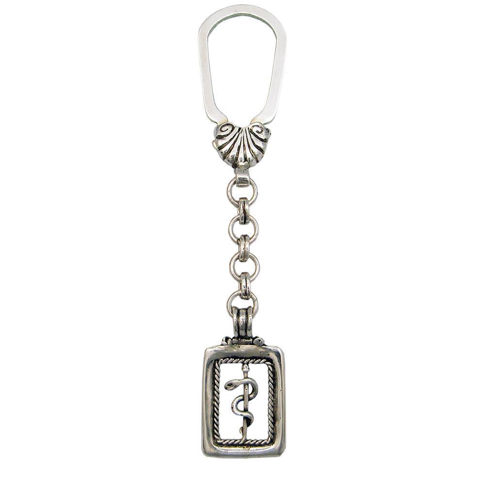 Rod of Asclepius Greek Key ring in sterling silver (MP-10)
