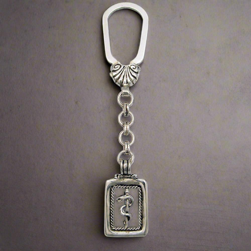 Rod of Asclepius Greek Key ring in sterling silver (MP-10)