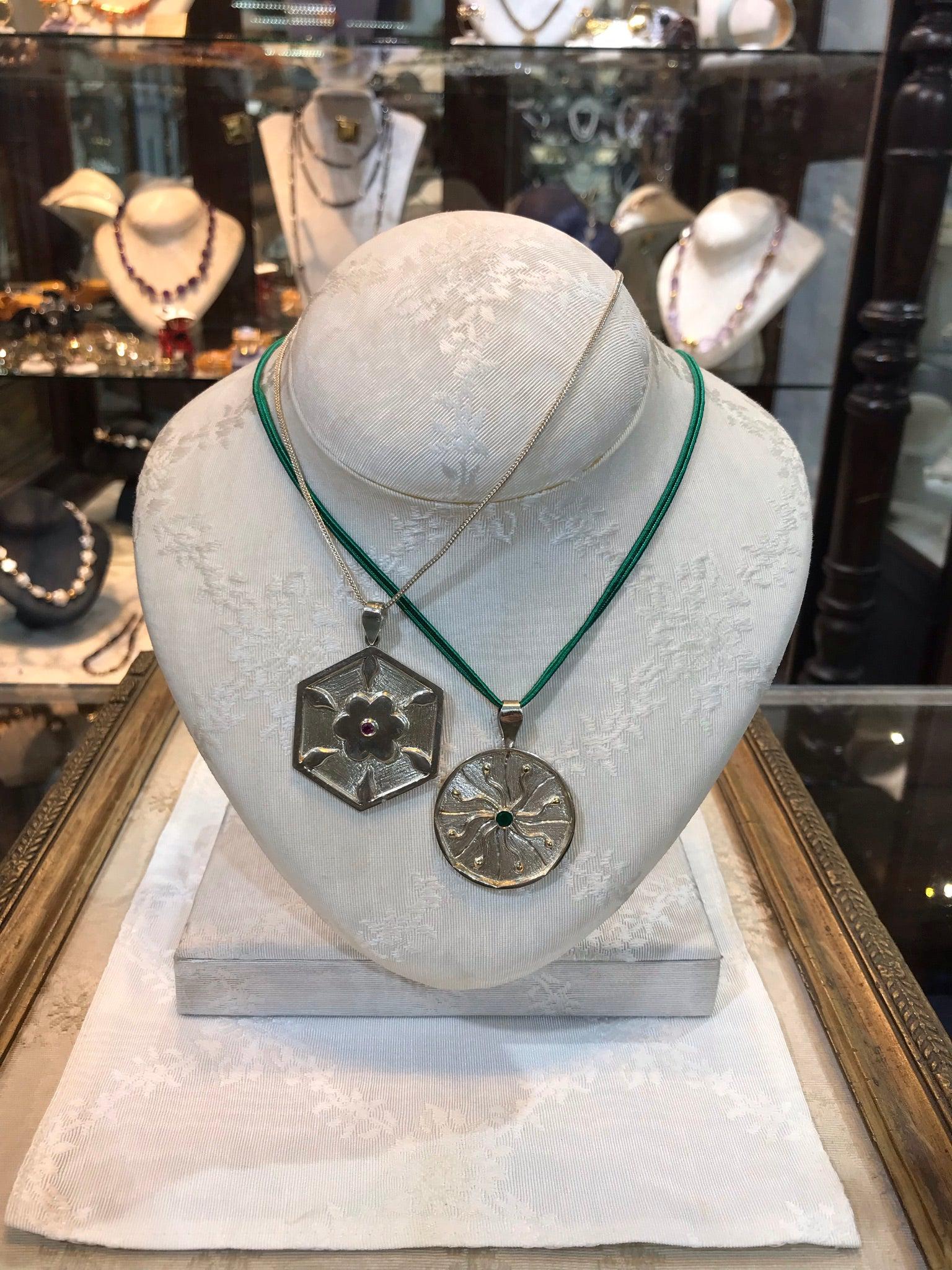 Sterling Silver and 14k Gold medallion with a green round stone, Energy Medallion, Handmade pendant, Greek Jewelry