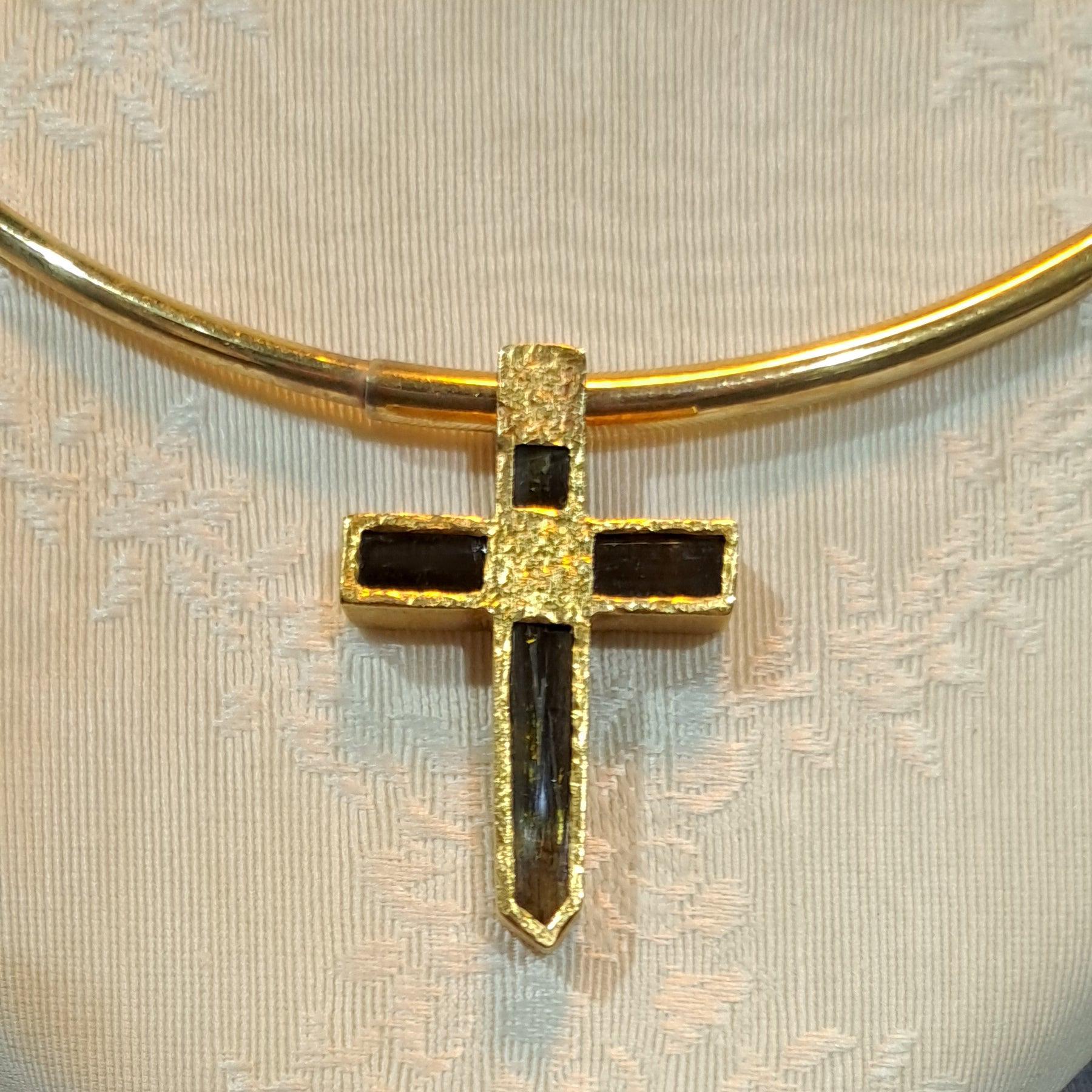 14k Gold Chain Necklace with 18k Gold Green Tourmaline Cross (DV PE-41)