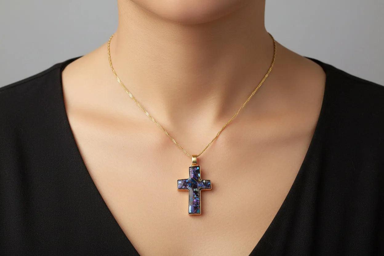 14k Gold Chain Necklace with 18k Gold Quartz Cross Pendant (DV PE-71)