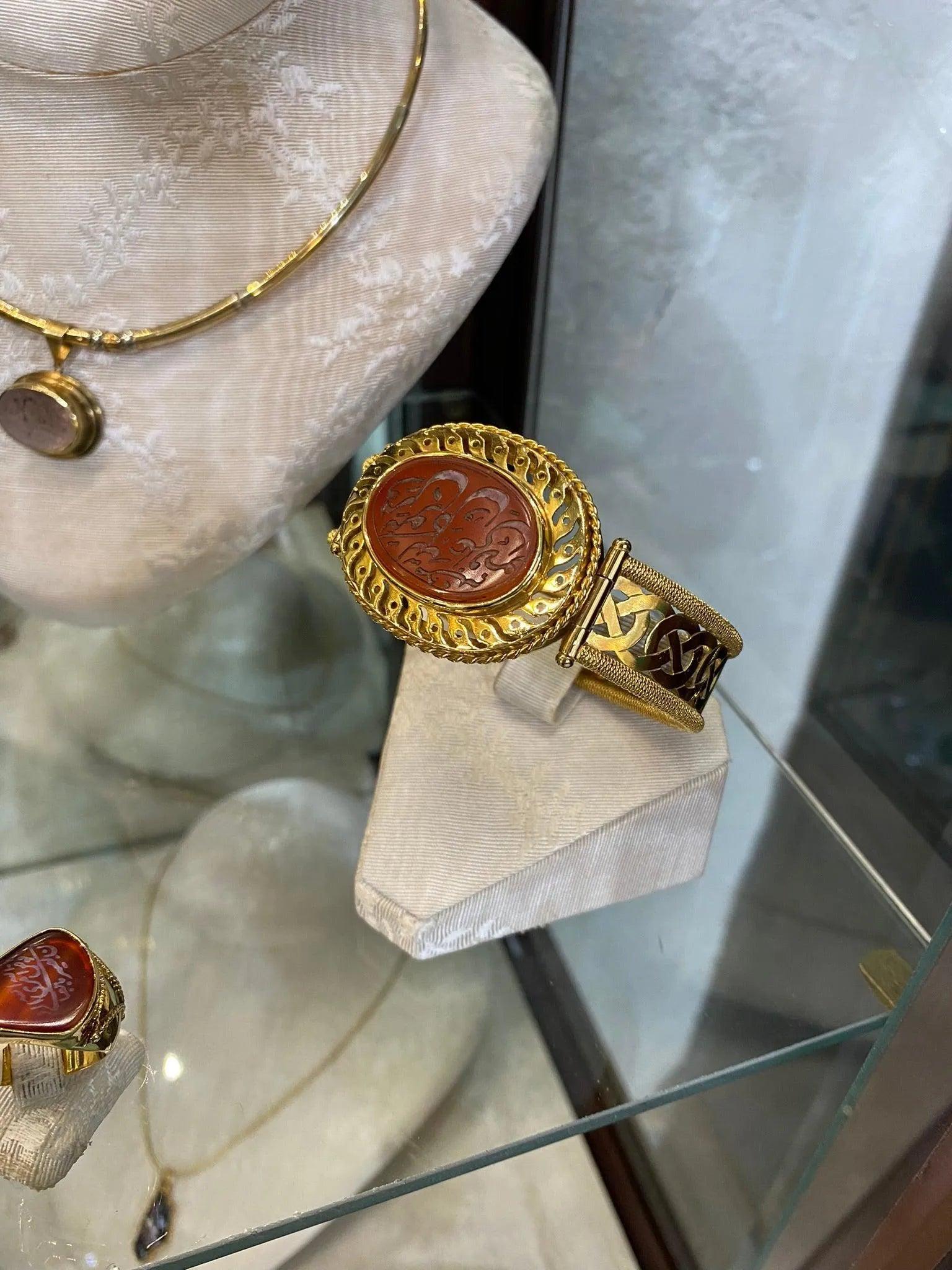 18K Gold Perforated Bracelet with Carnelian Seal Stone (DV C-09)