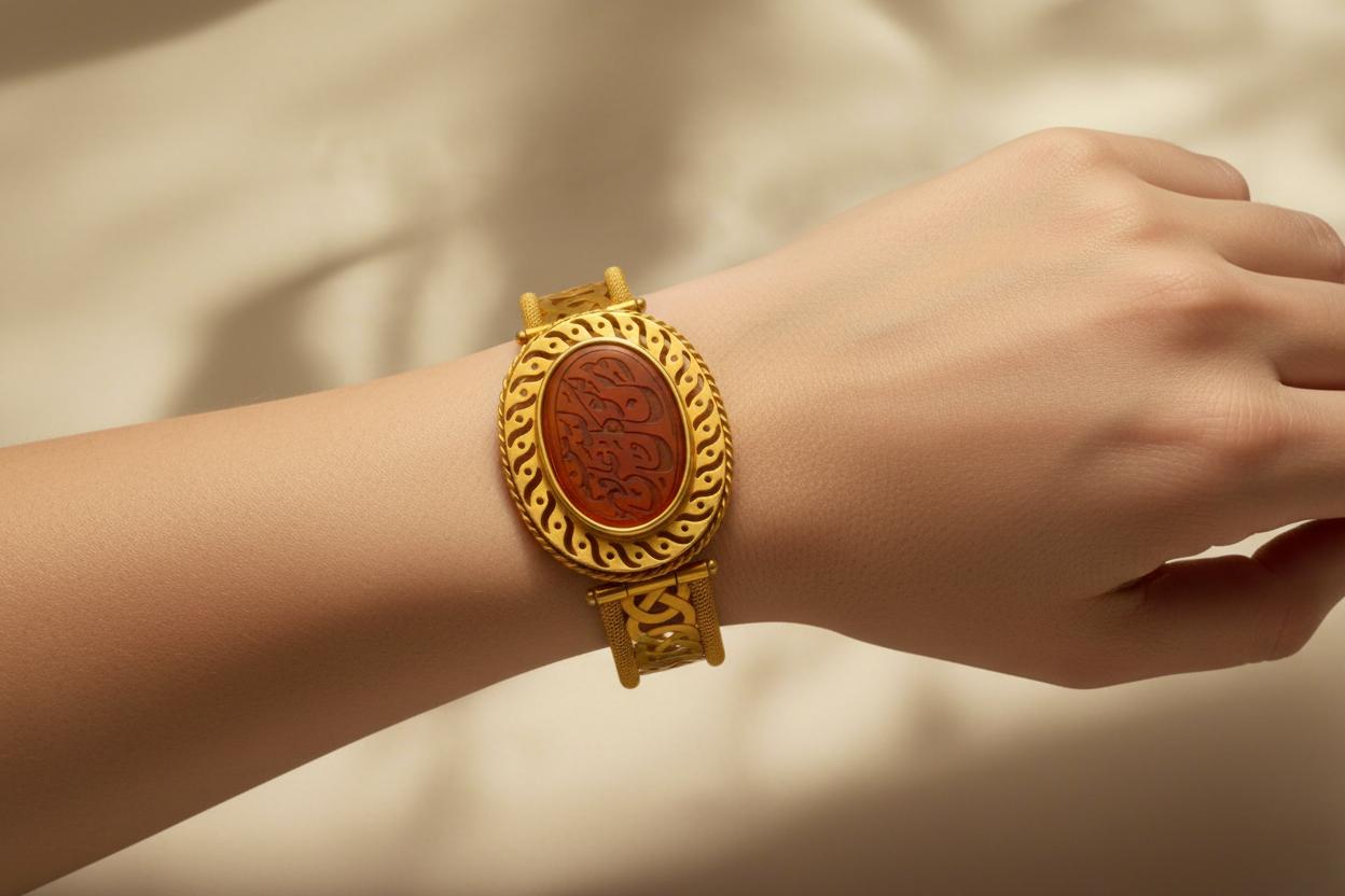 18K Gold Perforated Bracelet with Carnelian Seal Stone (DV C-09)