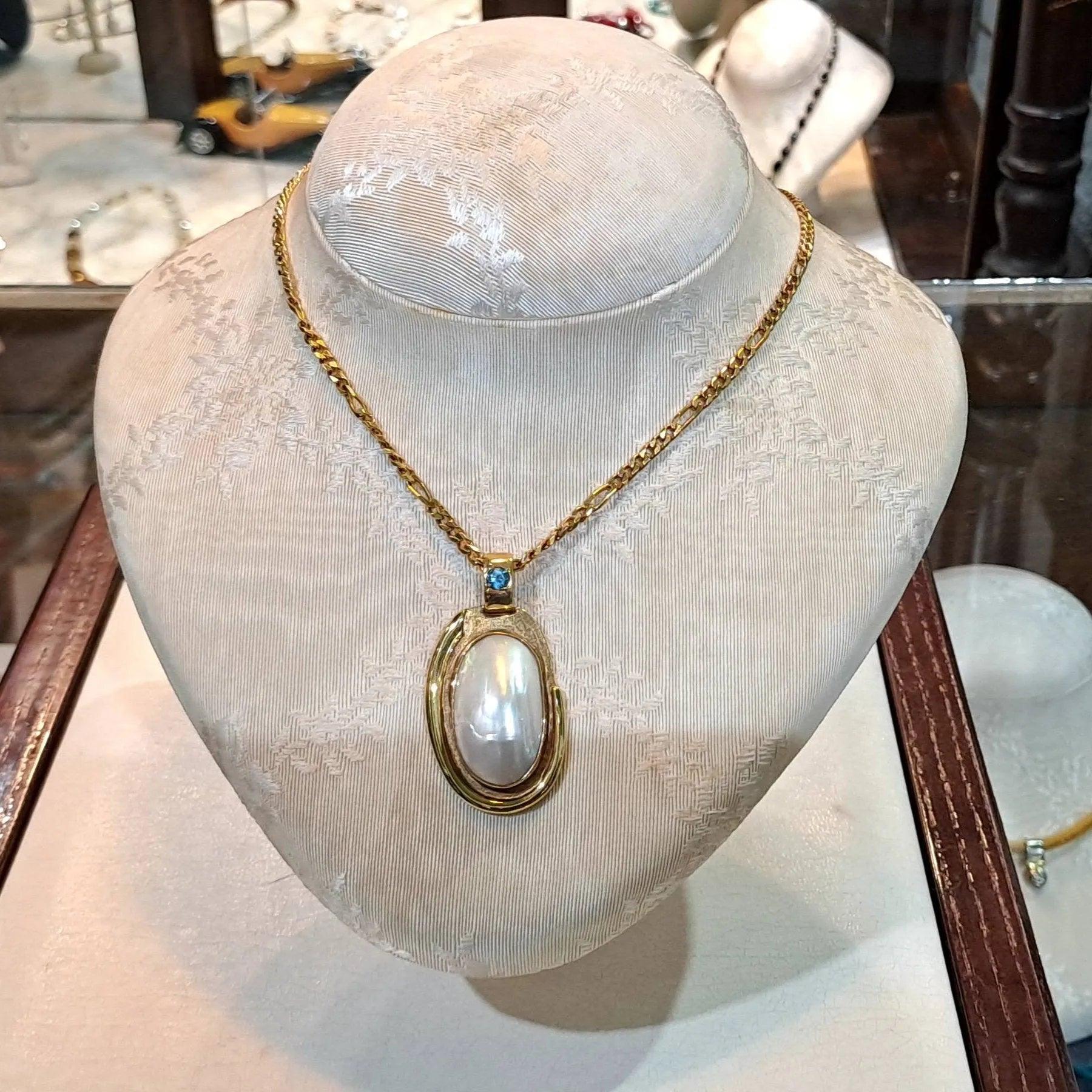 18k Gold Necklace: Mother of Pearl Medallion, Bleu Topaz, Handcrafted Chain (DV PE-24)