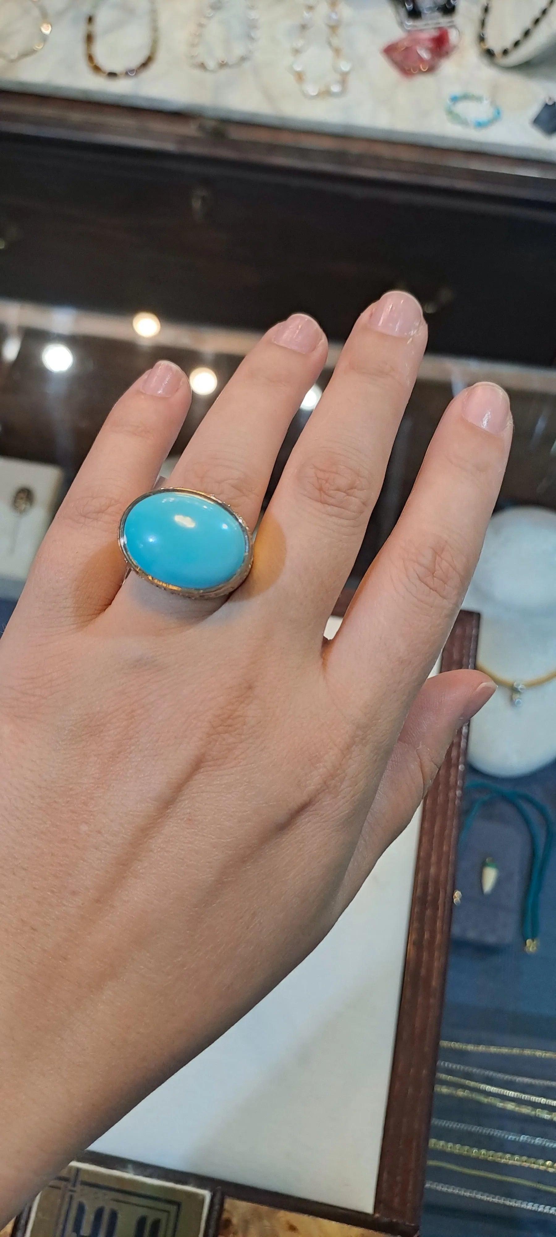 18k Gold Oval Arizona Turquoise Ring, Greek Jewelry, Handmade Fine Ring (DV B-77)