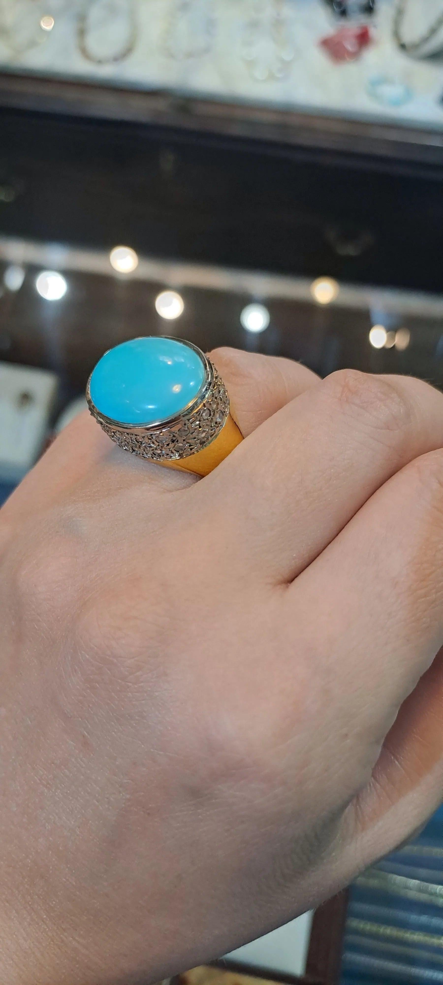 18k Gold Oval Arizona Turquoise Ring, Greek Jewelry, Handmade Fine Ring (DV B-77)