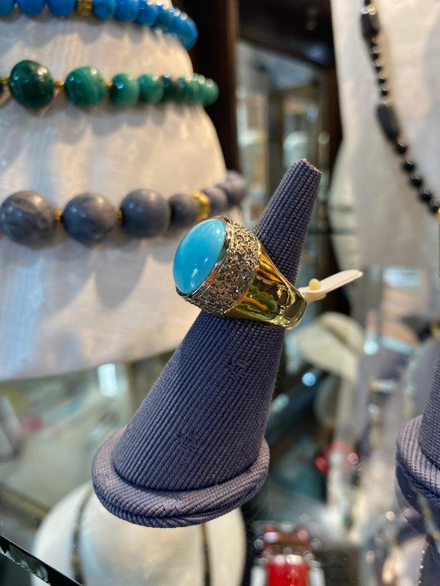 18k Gold Oval Arizona Turquoise Ring, Greek Jewelry, Handmade Fine Ring (DV B-77)