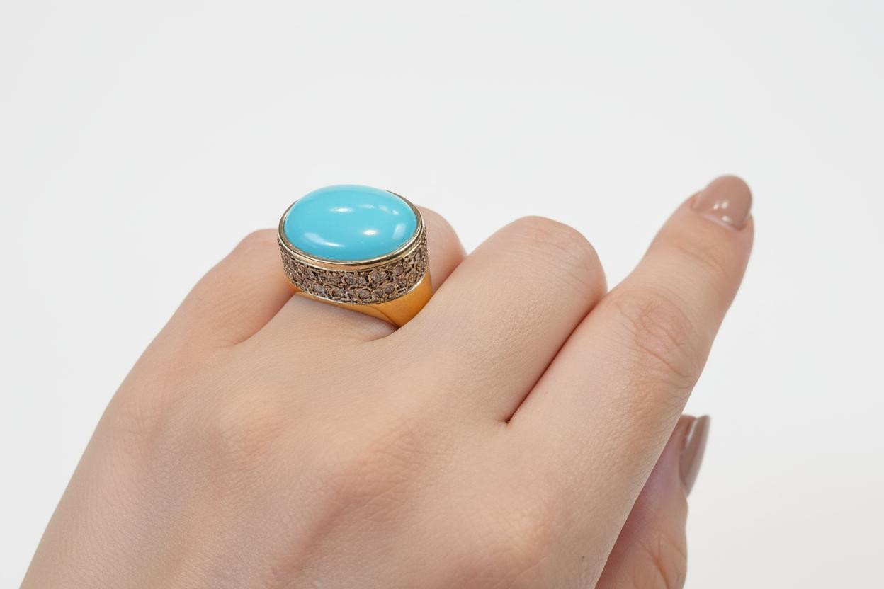 18k Gold Oval Arizona Turquoise Ring, Greek Jewelry, Handmade Fine Ring (DV B-77)