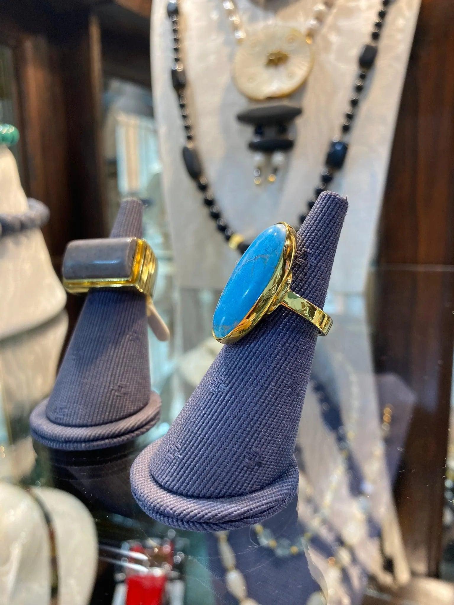 18k Gold Oval Arizona Turquoise Ring, Handmade Greek Jewelry (DV B-78)