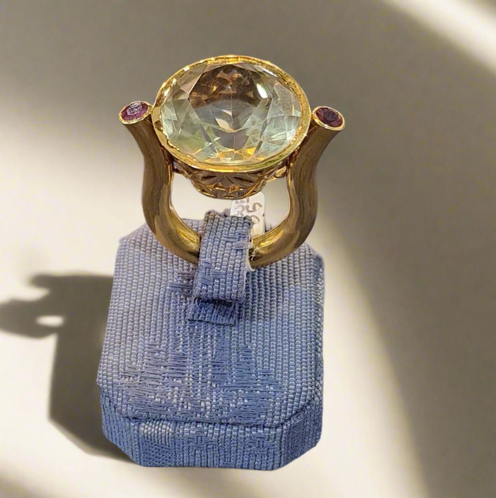 18k Gold Ring with Lemon Topaz and Rubies, Perforated Greek Jewelry (B-128)