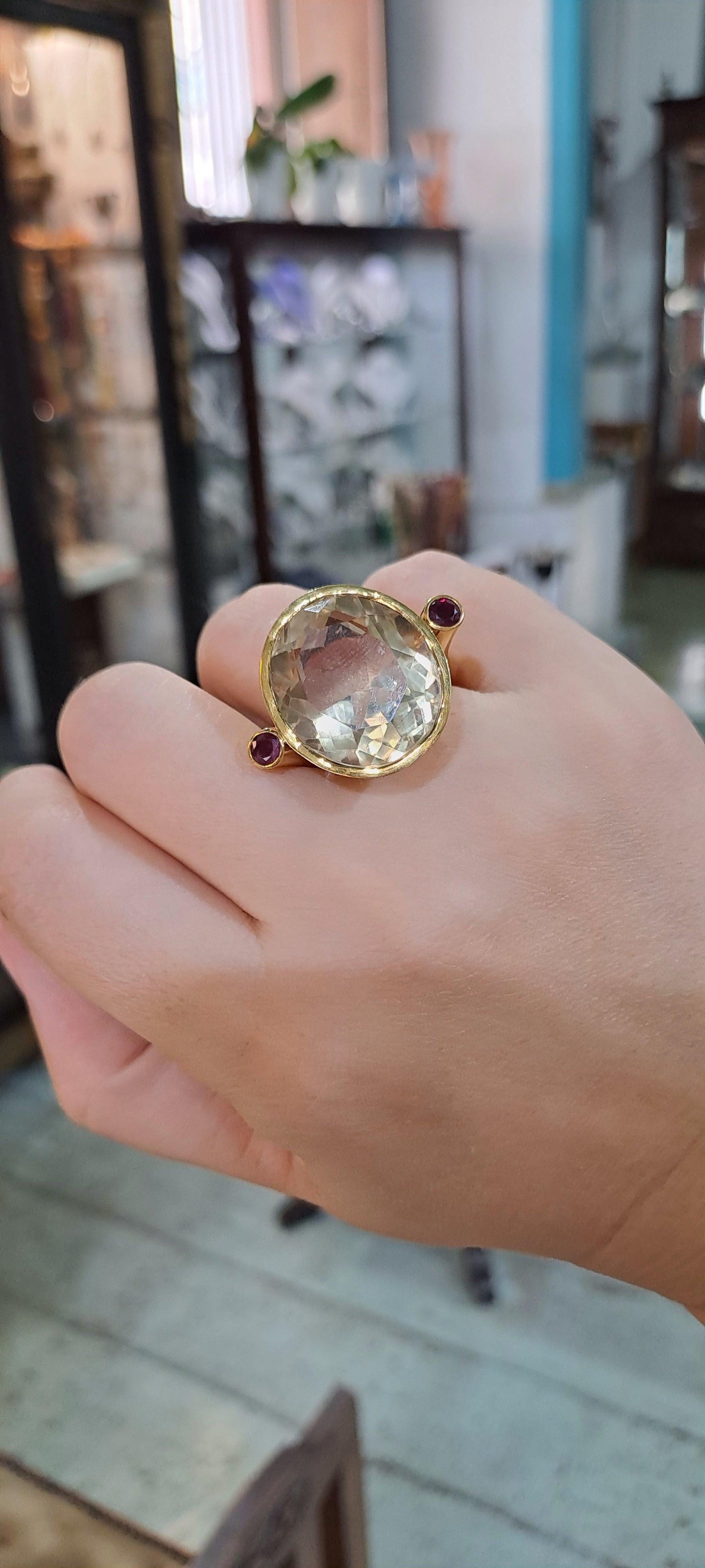 18k Gold Ring with Lemon Topaz and Rubies, Perforated Greek Jewelry (B-128)