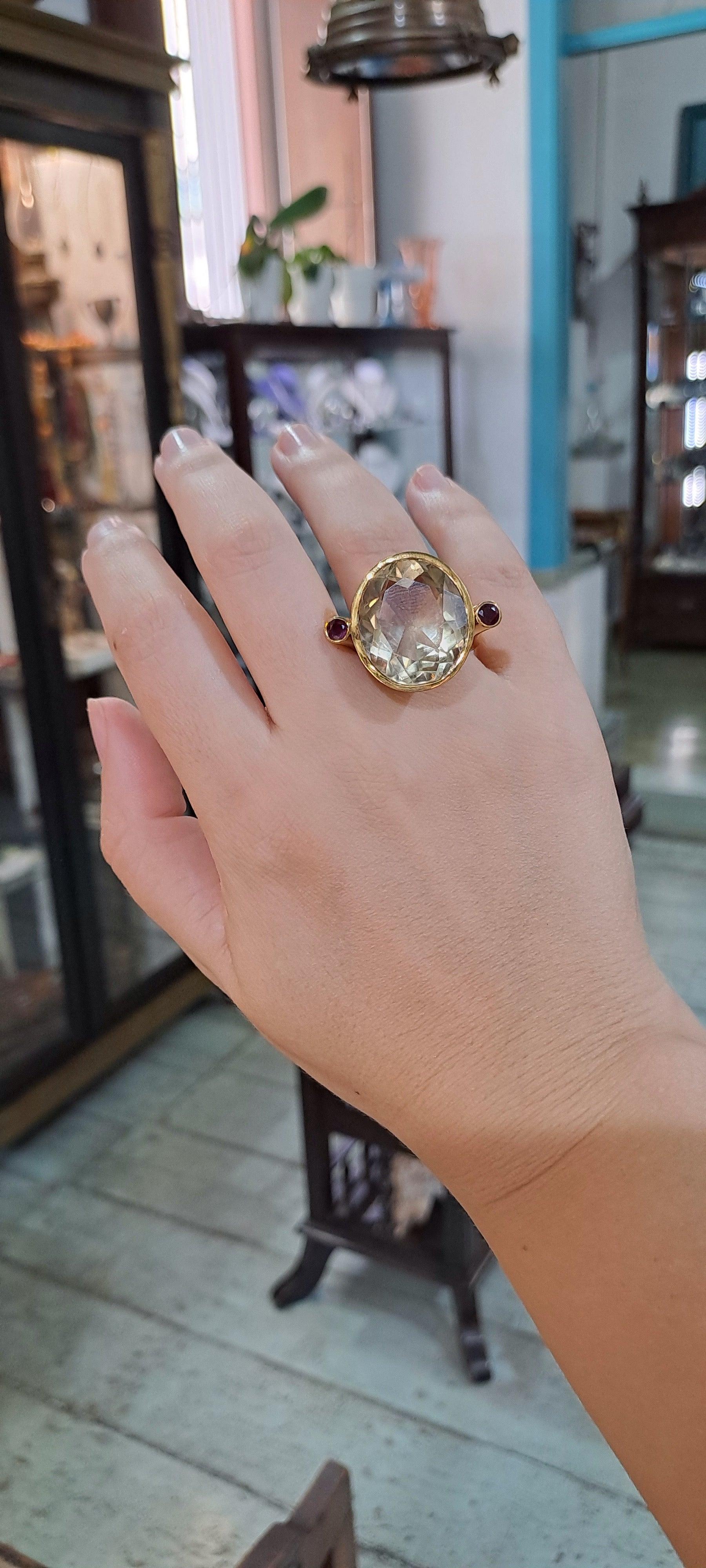 18k Gold Ring with Lemon Topaz and Rubies, Perforated Greek Jewelry (B-128)