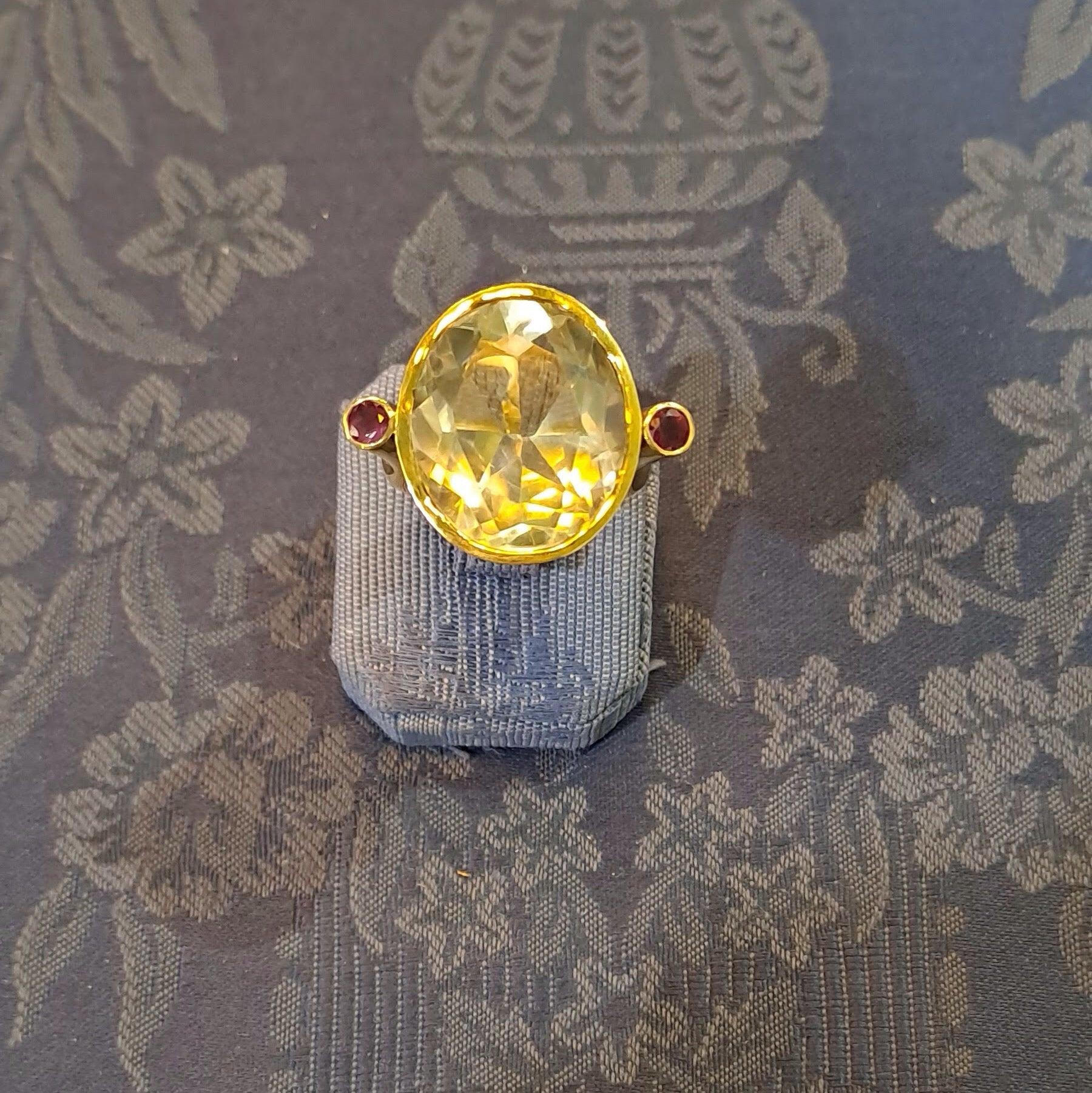 18k Gold Ring with Lemon Topaz and Rubies, Perforated Greek Jewelry (B-128)