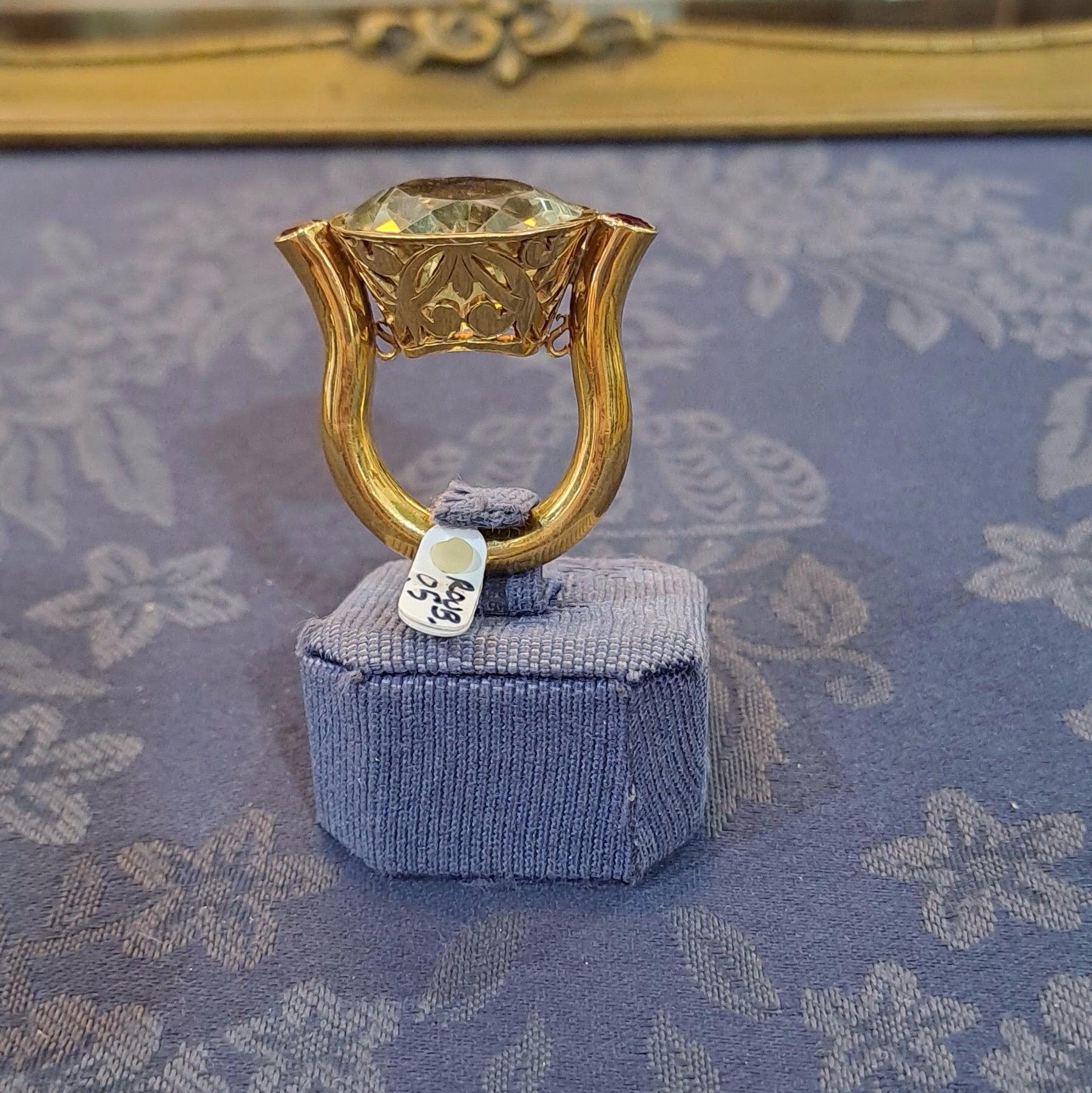 18k Gold Ring with Lemon Topaz and Rubies, Perforated Greek Jewelry (B-128)