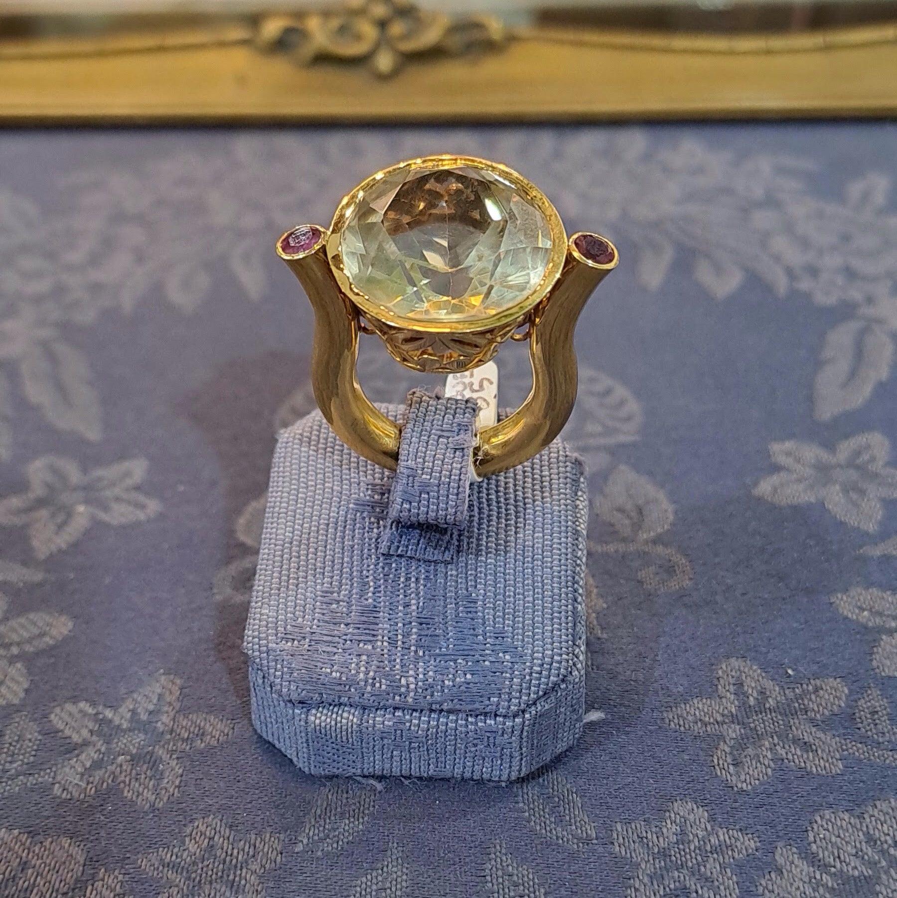 18k Gold Ring with Lemon Topaz and Rubies, Perforated Greek Jewelry (B-128)