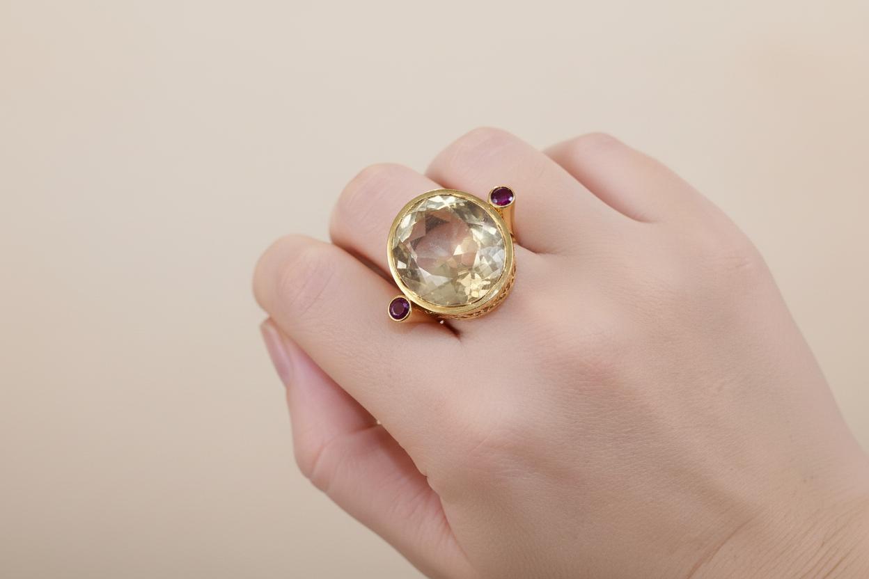 18k Gold Ring with Lemon Topaz and Rubies, Perforated Greek Jewelry (B-128)