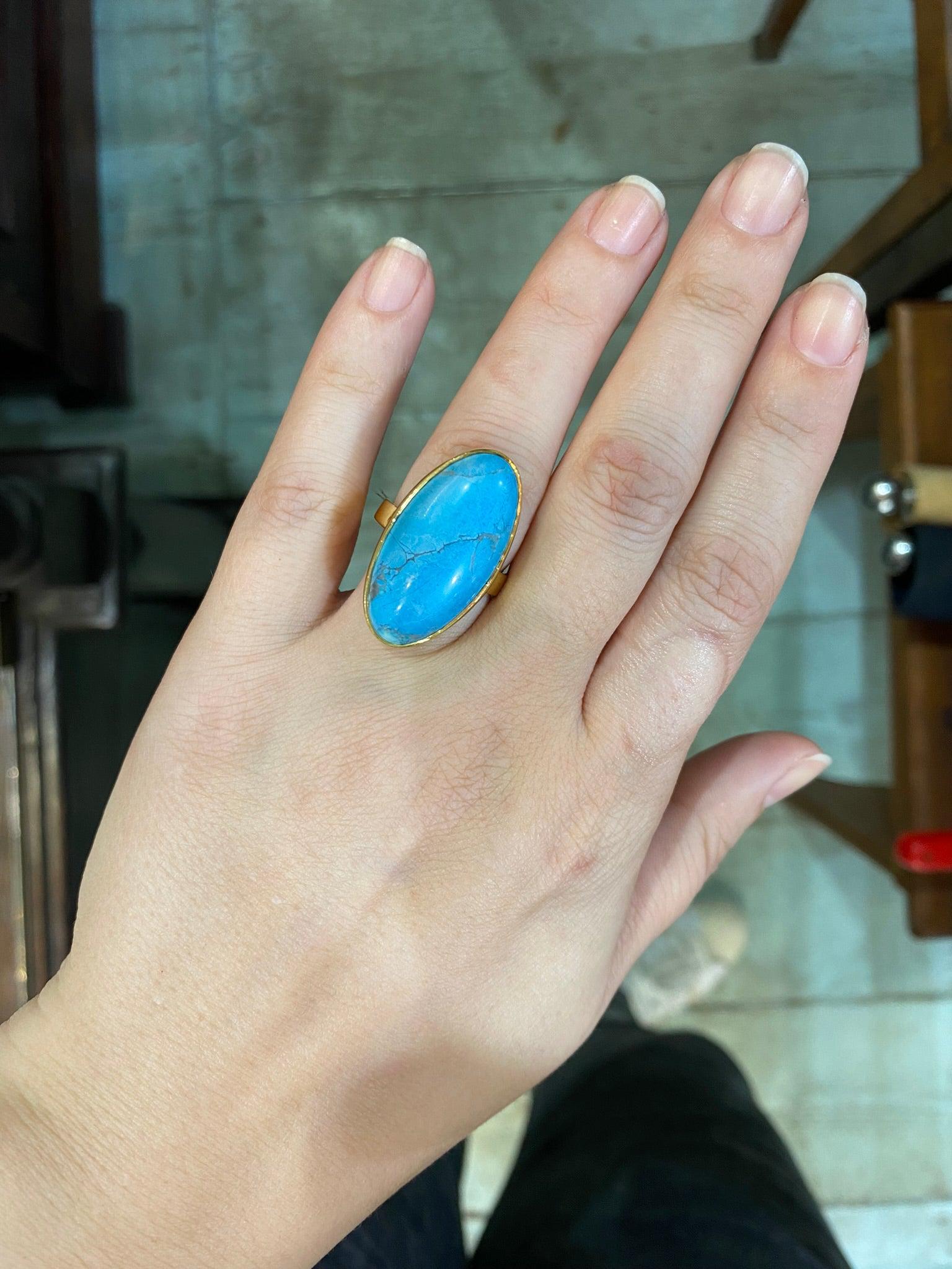 18k Gold ring with an oval Arizona turquoise, Fine Ring, Handmade Ring, Greek Jewelry