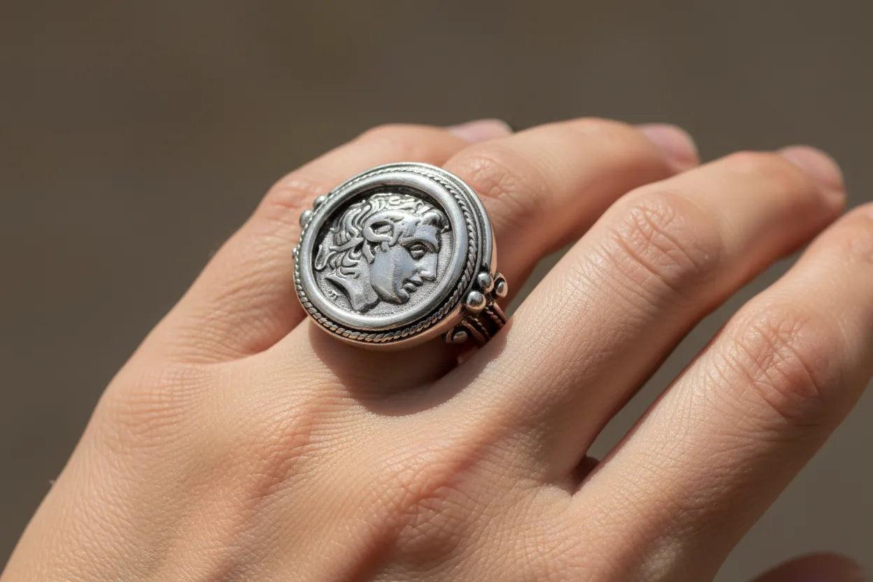Alexander the Great Portrait Coin Ring in Sterling Silver (DT-108)