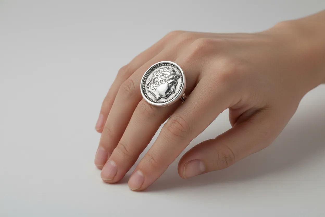 Alexander the Great Portrait Coin Ring in Sterling Silver (DT-109)