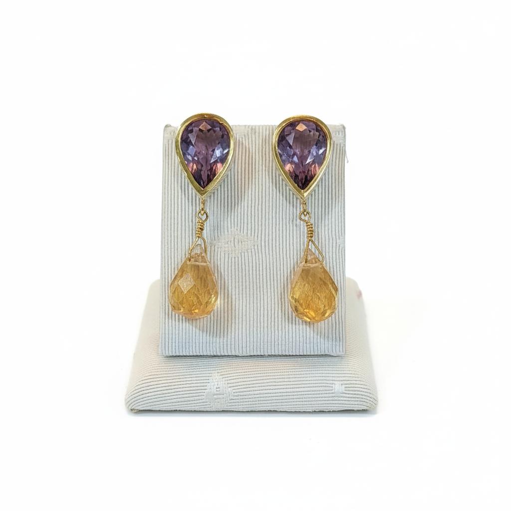 Amethyst Citrine 18k Gold Earrings, One of a Kind Greek Jewelry (DV AG-15)