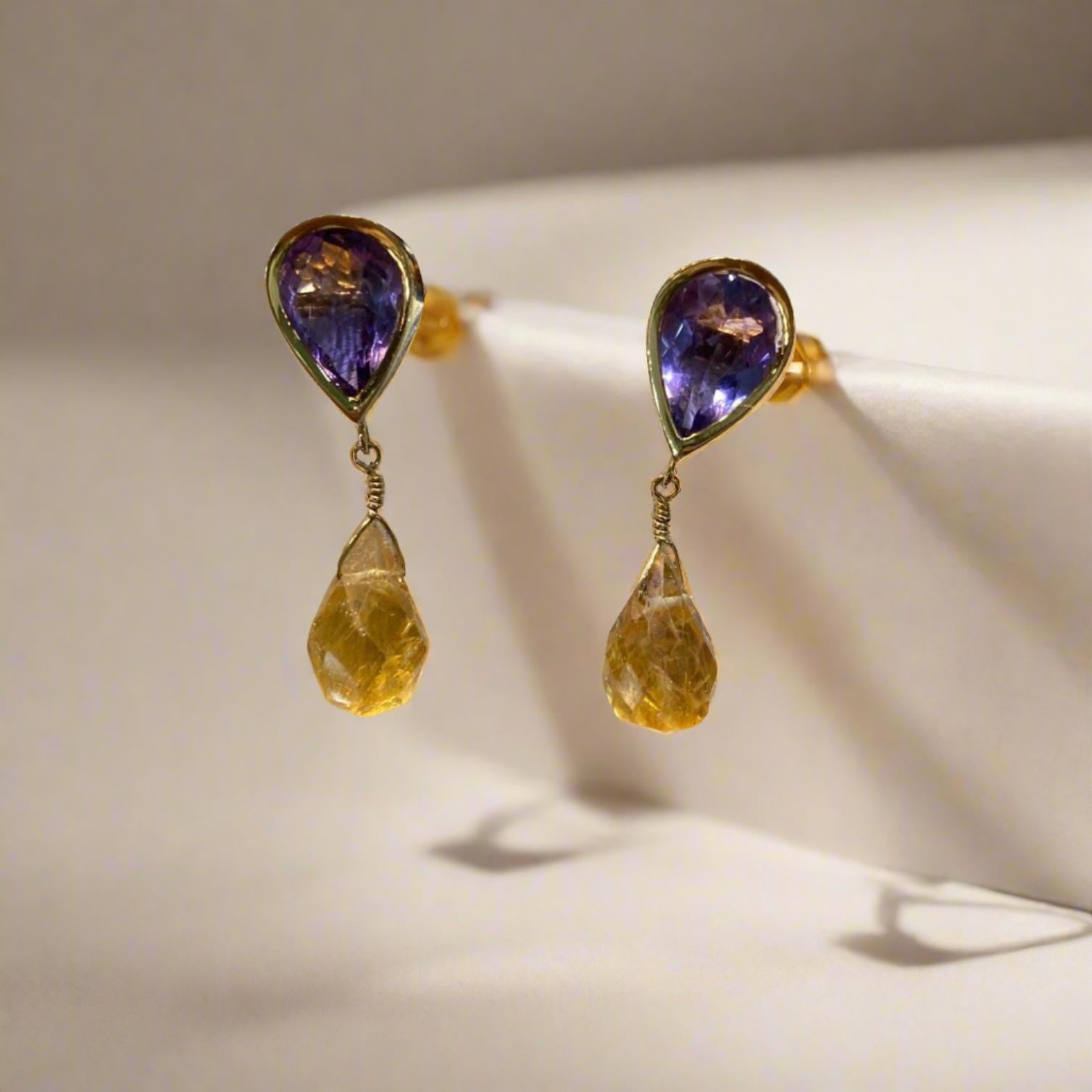 Amethyst Citrine 18k Gold Earrings, One of a Kind Greek Jewelry (DV AG-15)