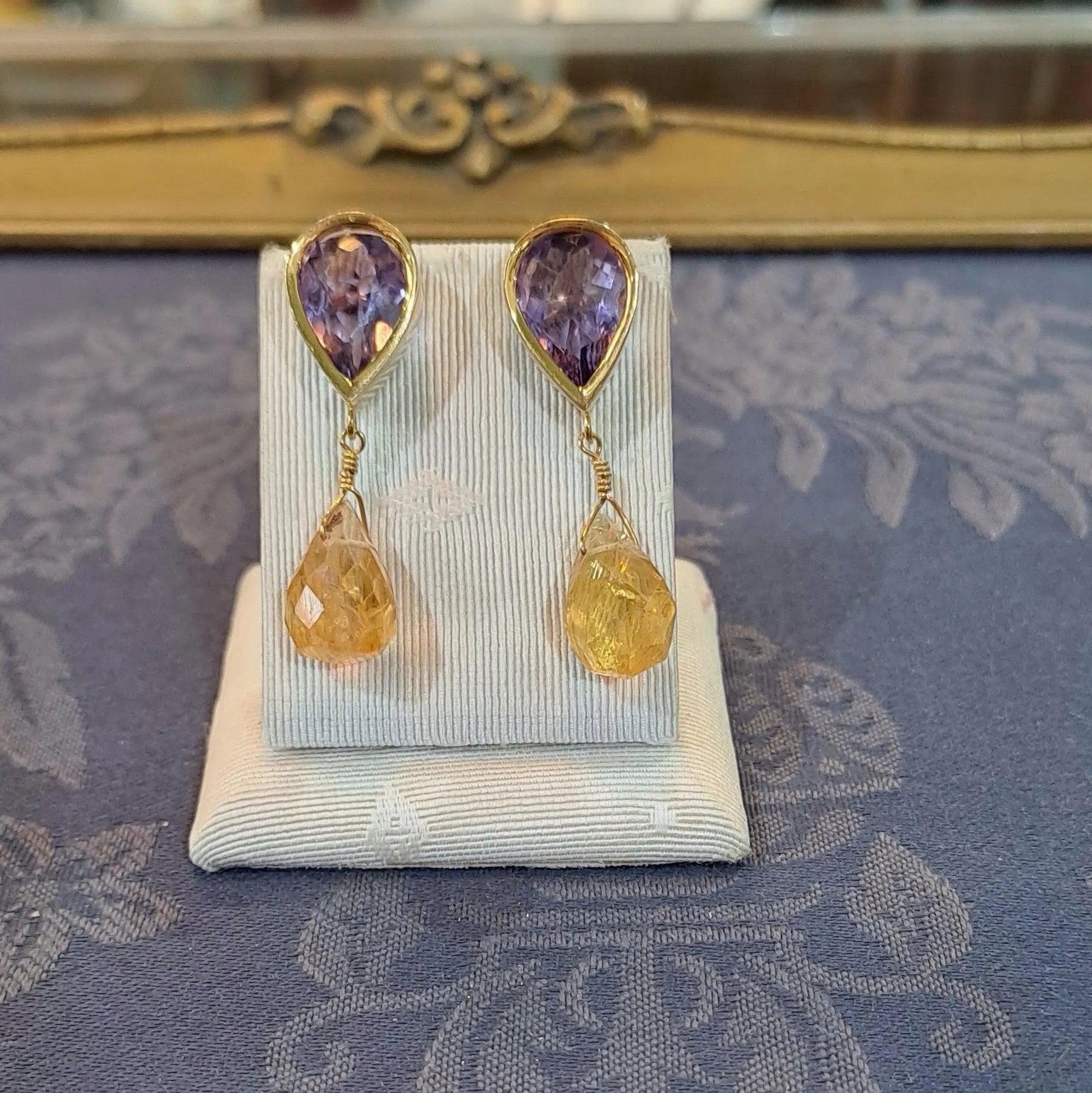 Amethyst Citrine 18k Gold Earrings, One of a Kind Greek Jewelry (DV AG-15)