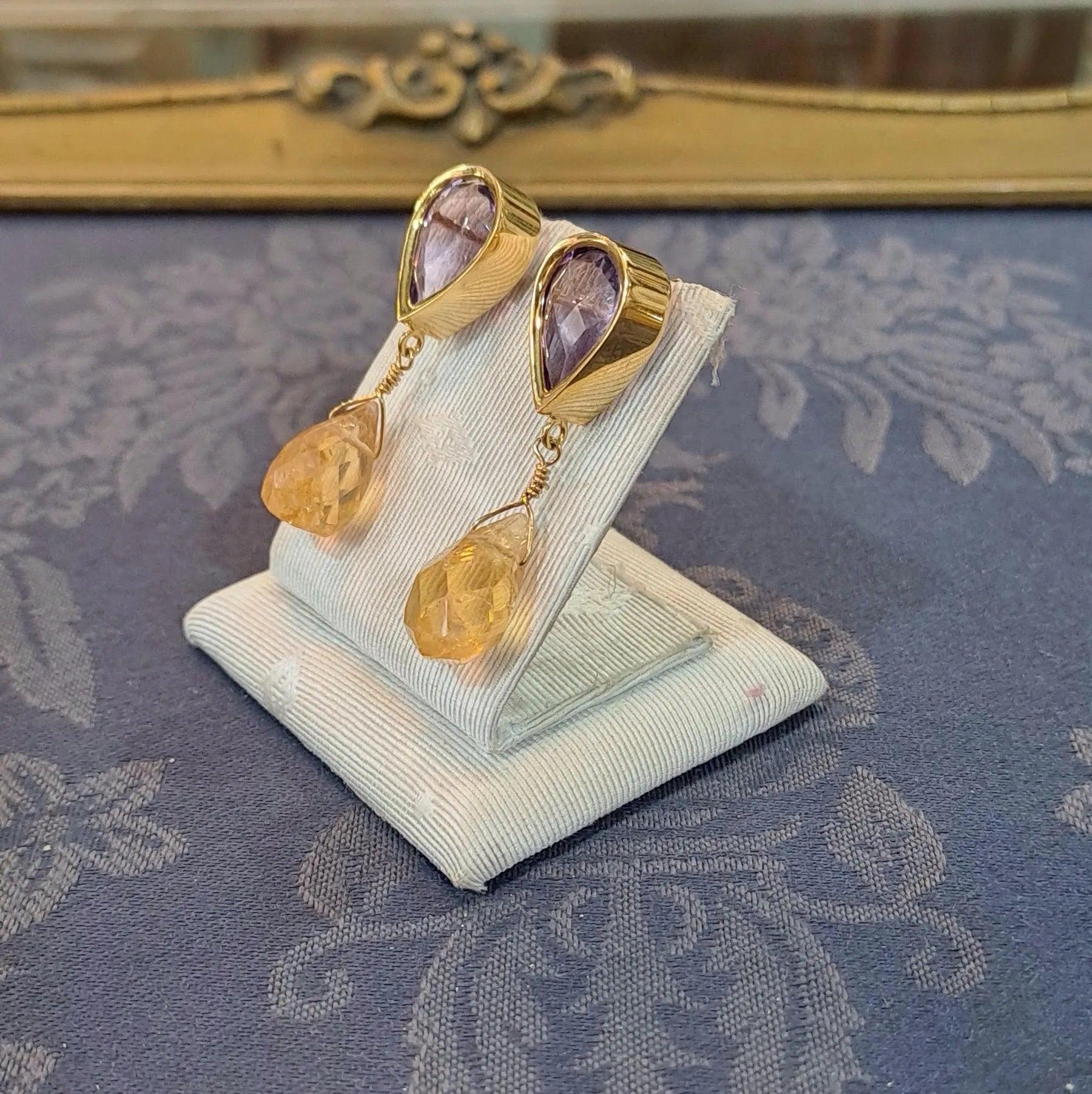 Amethyst Citrine 18k Gold Earrings, One of a Kind Greek Jewelry (DV AG-15)