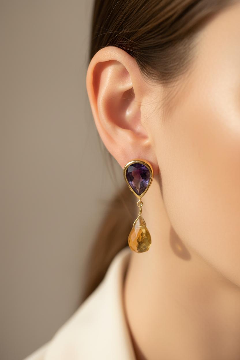 Amethyst Citrine 18k Gold Earrings, One of a Kind Greek Jewelry (DV AG-15)