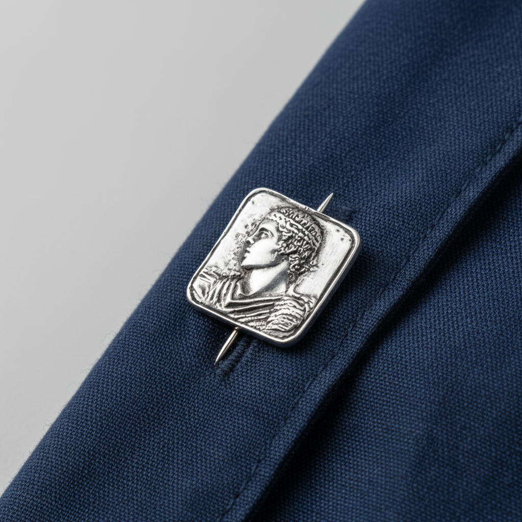 A square silver-toned pendant featuring an embossed classical bust portrait in profile, shown on a clean white background.