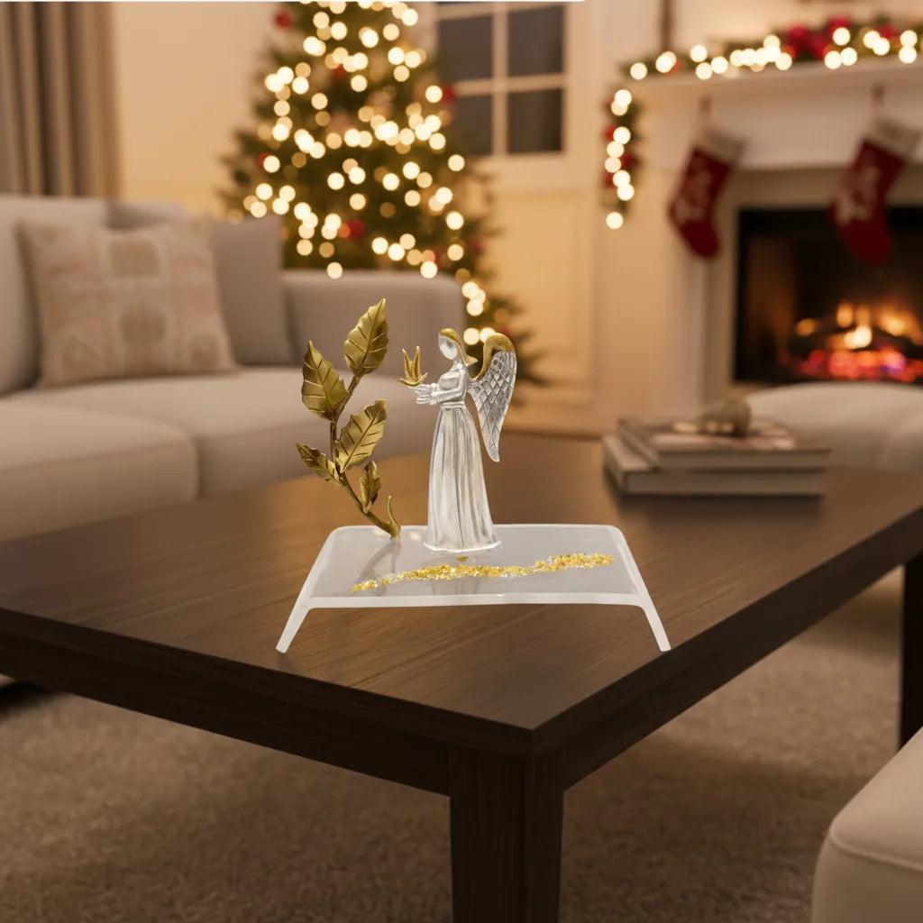 Angel Charm on plexiglass, silver charm with bronze leaves, home decor, gift idea, charm favor (PX-10)