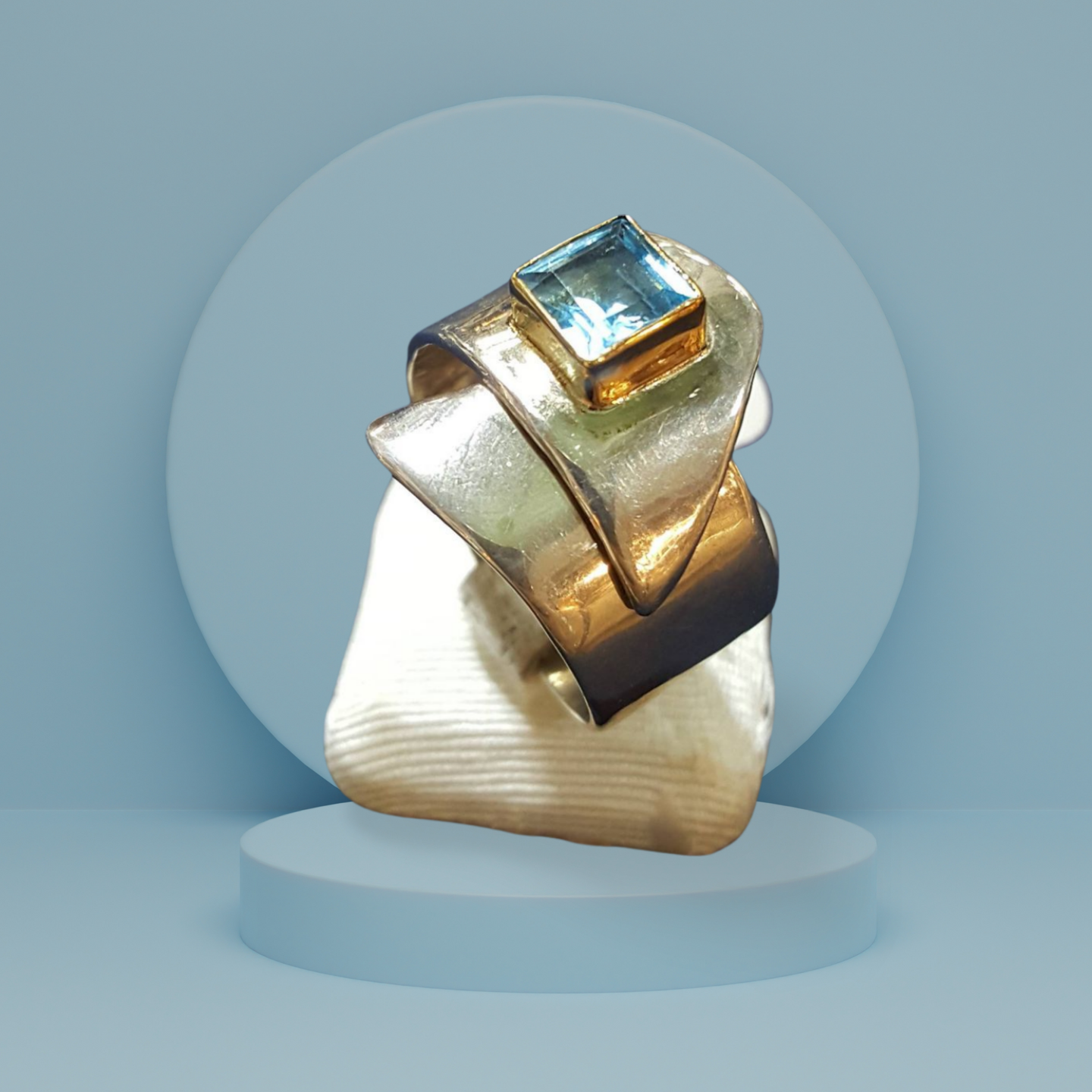 Sterling Silver Ring and Blue Topaz in 18 k. gold, Handmade Ring, Greek Jewelry, modern Ring, Handmade Ring, Greek Jewelry