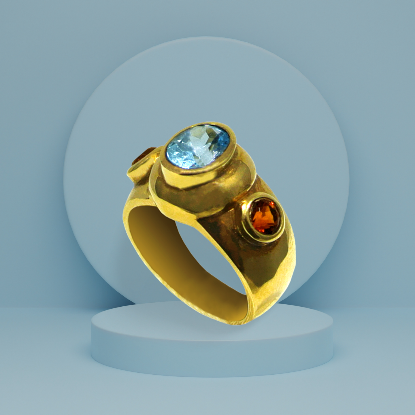 Ring in 14k Gold with bleu topaz and citrine (B-32)
