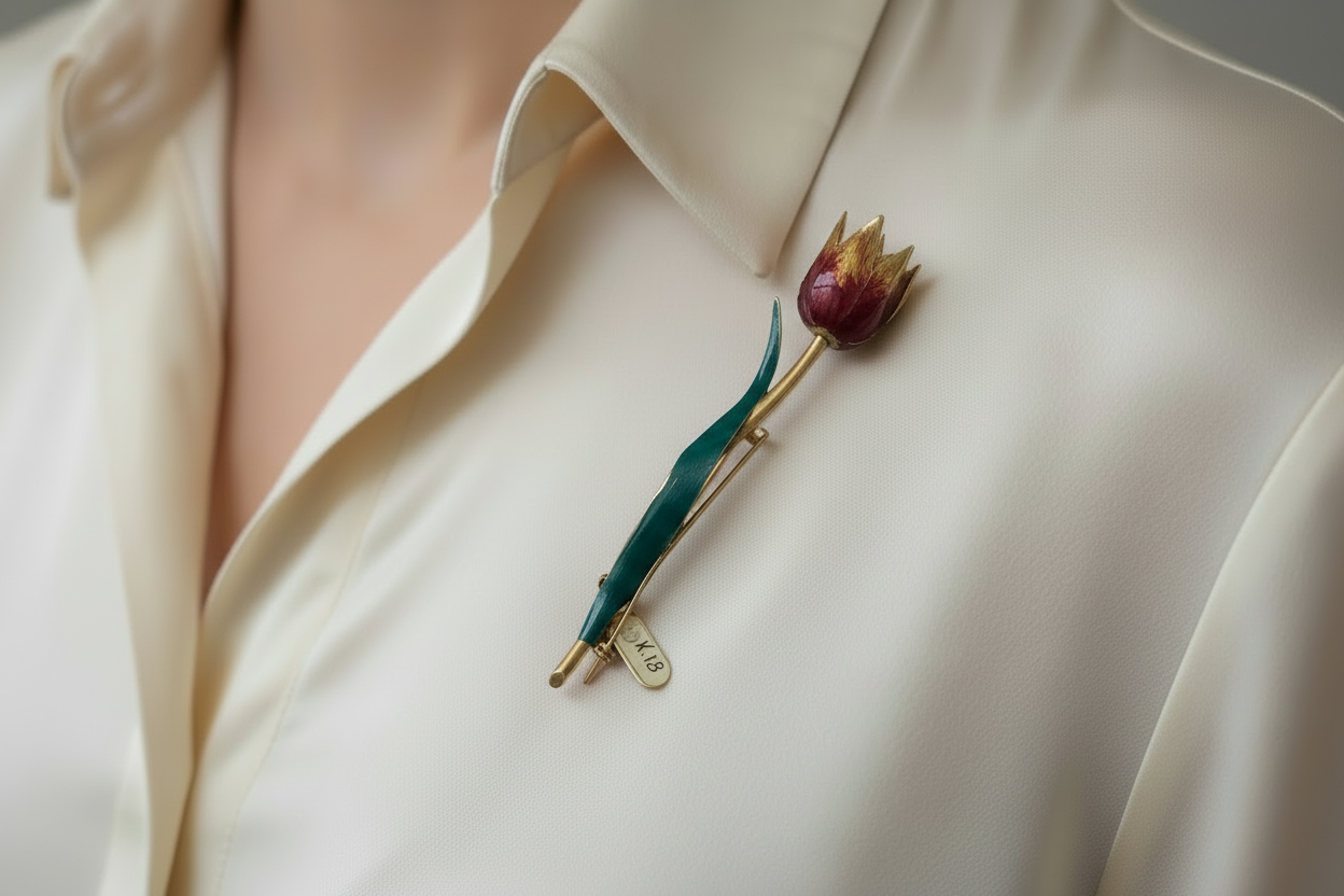 Brooch in 18k gold, tulip brooch, enamel hand painted
