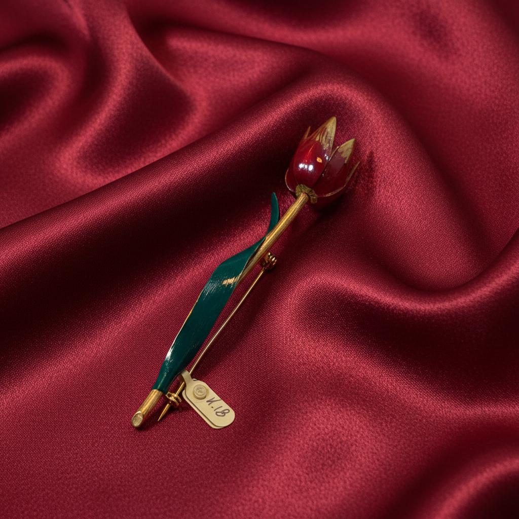 Brooch in 18k gold, tulip brooch, enamel hand painted