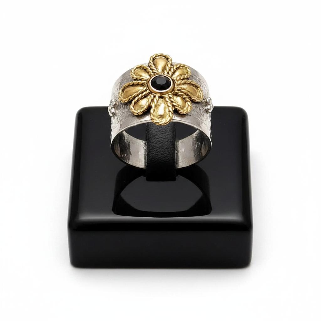 Byzantine Ring in Sterling Silver with a Blue Zircon and Gold 14k (DX-30)