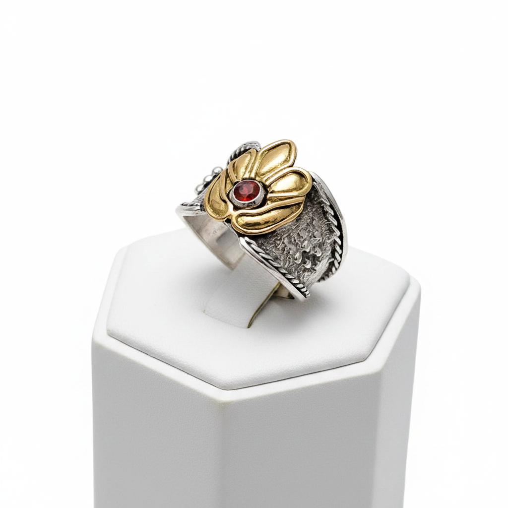 Byzantine Ring in Sterling Silver with a Zircon and Gold 14k (DX-28)