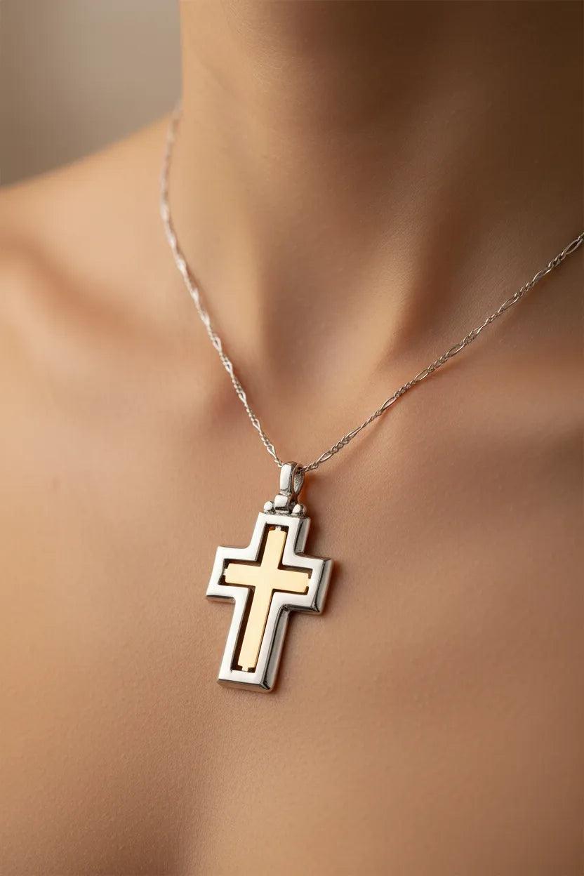 Christening Cross 925 Sterling Silver with 14k Gold Elements (STS-02)