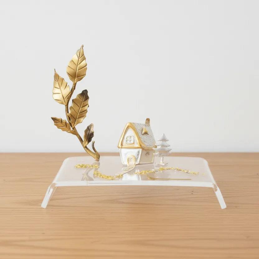Christmas Decoration, Miniature Home Charm on plexiglass, silver charm with bronze leaves, home decor, gift idea, charm favor (PX-02)