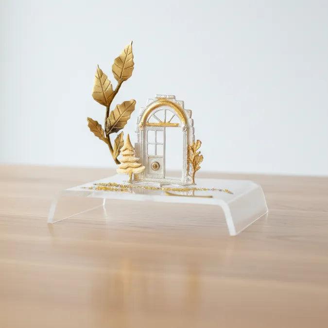 Christmas Decoration, Miniature Home Charm on plexiglass, silver charm with bronze leaves, home decor, gift idea, charm favor (PX-03)